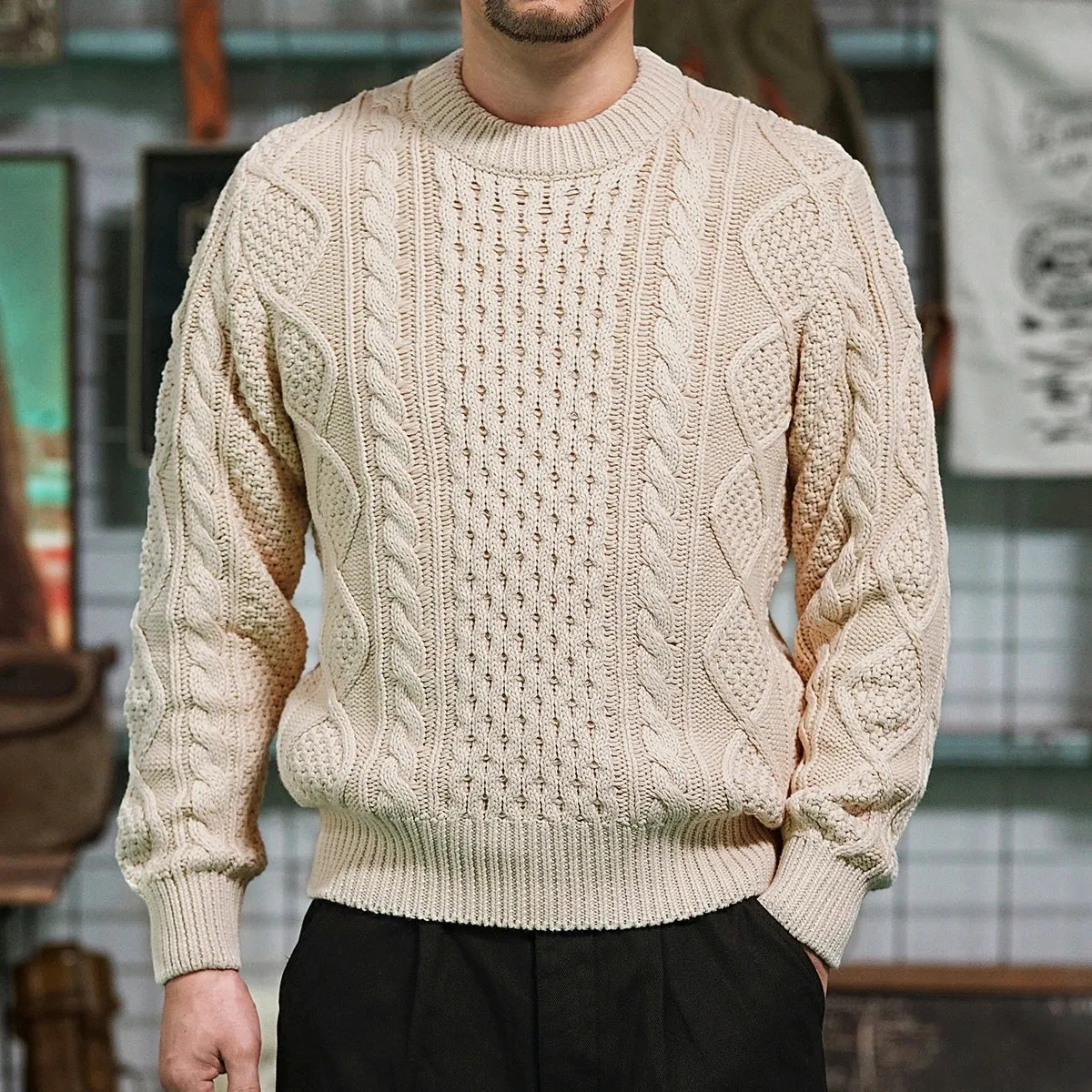 Men's Cable Knitted Sweater Thick Regular Fit Vintage Pullover