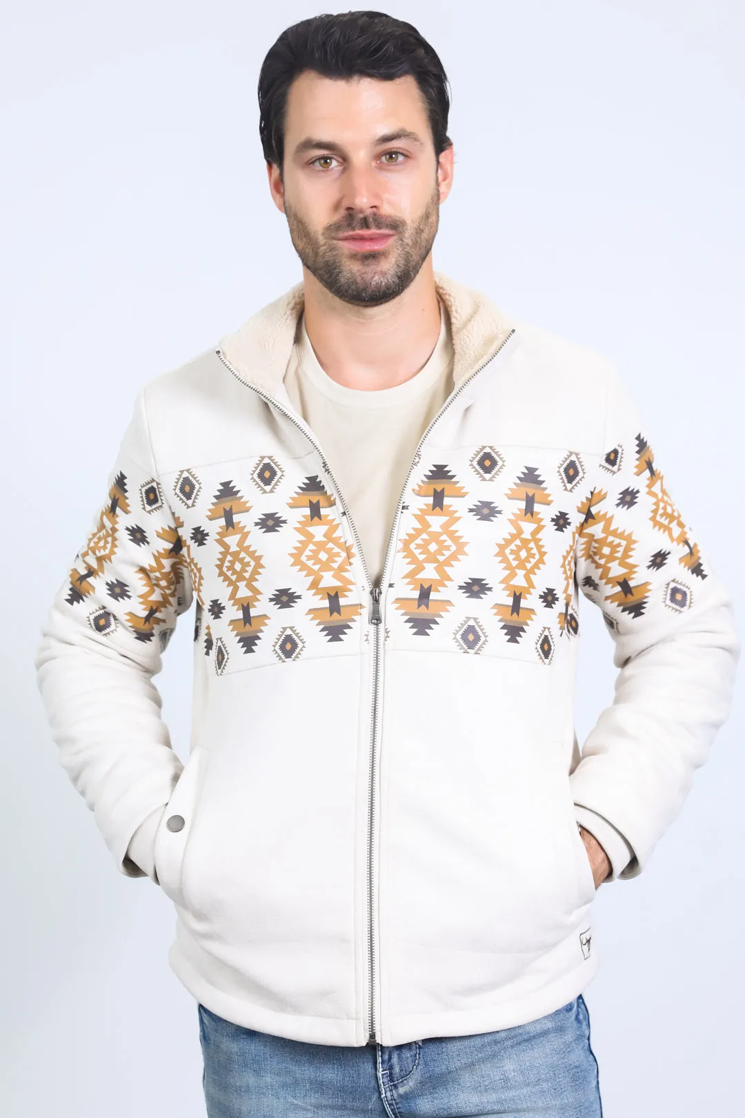 Men's Ethnic Aztec Quilted Fur Lined Beige Jacket