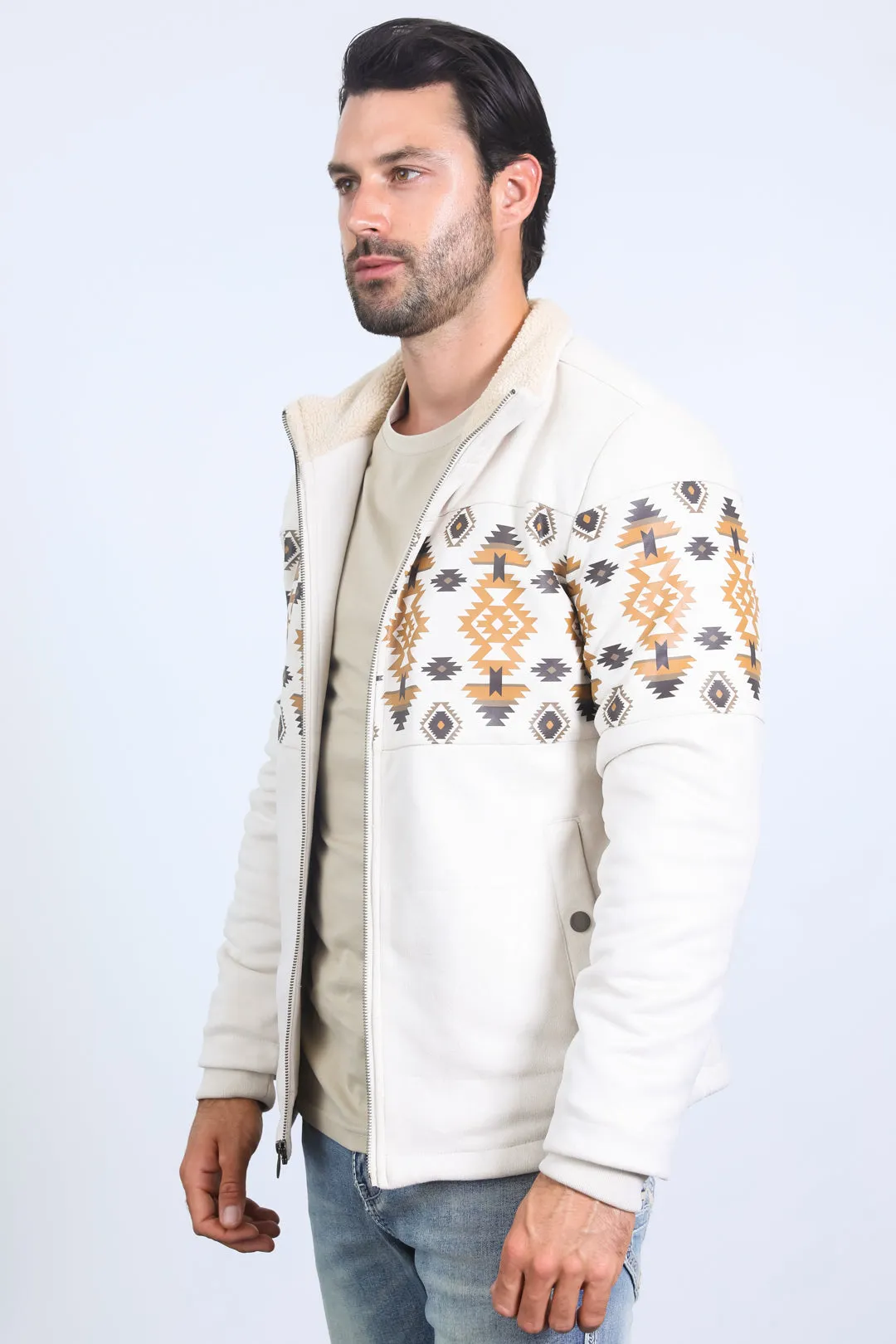 Men's Ethnic Aztec Quilted Fur Lined Beige Jacket