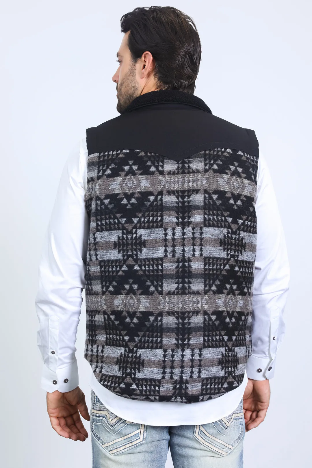 Mens Ethnic Aztec Quilted Fur Lined Black Vest