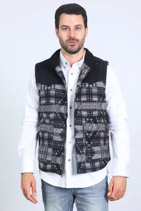 Mens Ethnic Aztec Quilted Fur Lined Black Vest