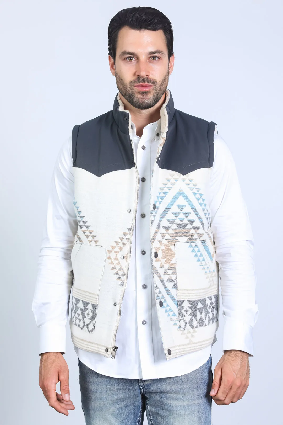 Mens Ethnic Aztec Quilted Fur Lined Charcoal Vest