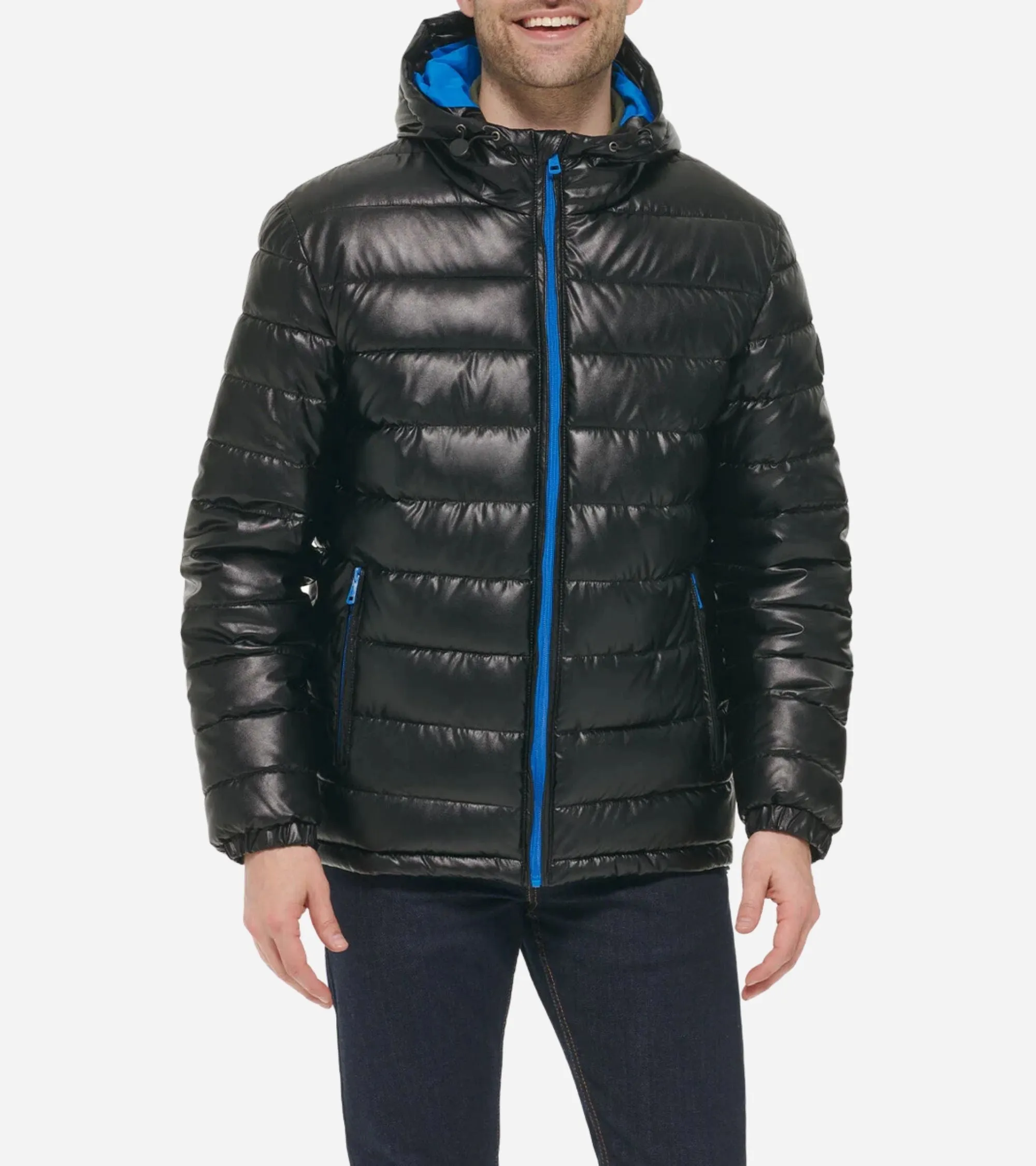 Men's Leather Faux Down Hooded Jacket