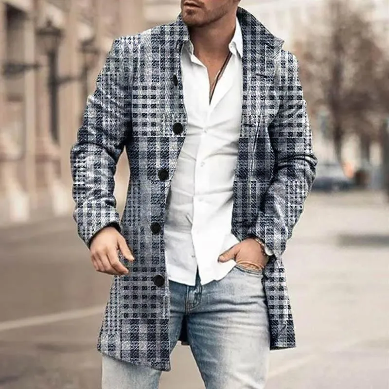 Men's Mid-Length Plaid Print Coat Casual Windbreaker 25732073YY