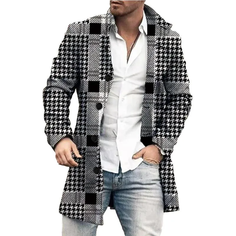 Men's Mid-Length Plaid Print Coat Casual Windbreaker 54015895YY