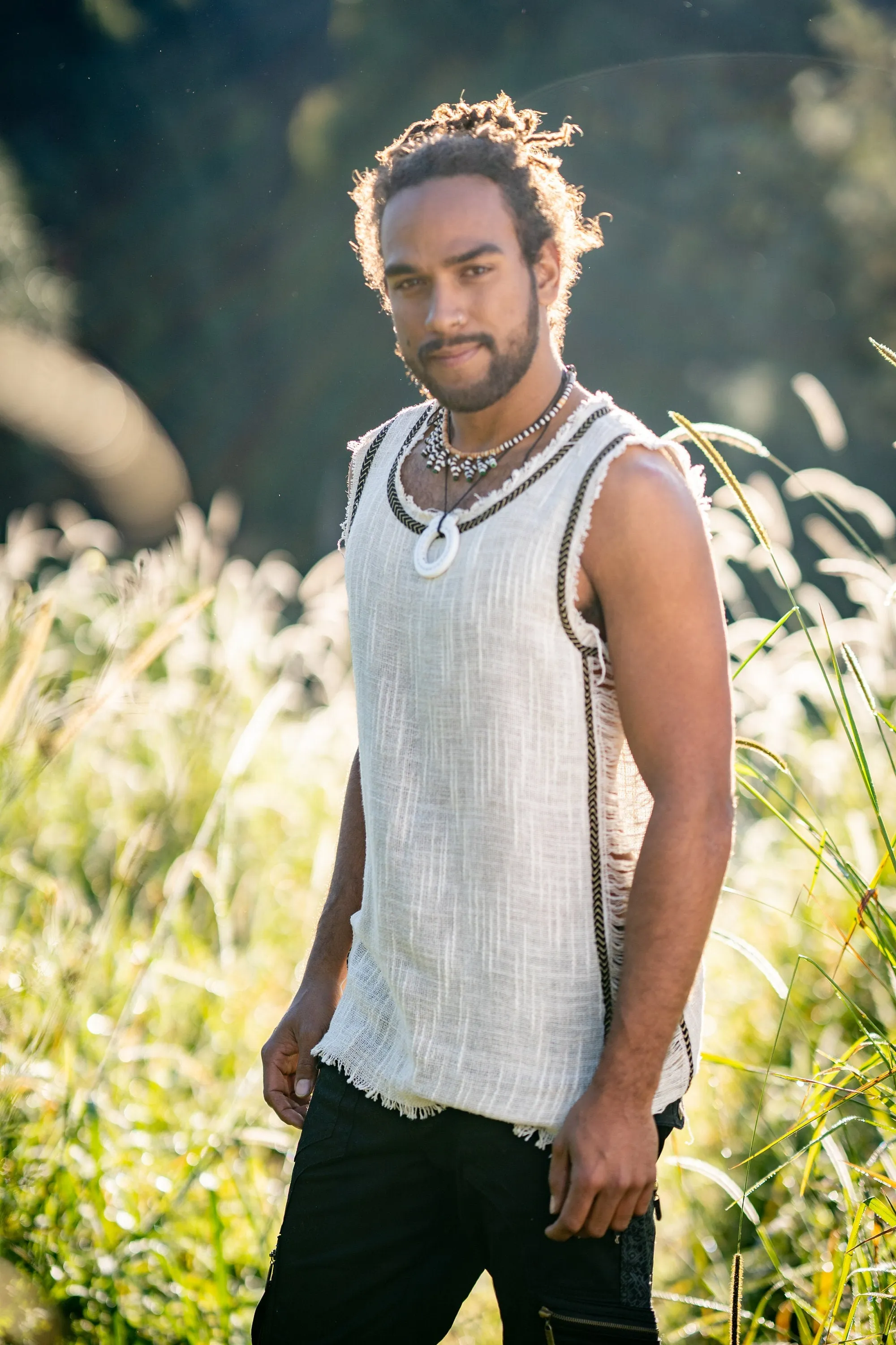 Mens Sleeveless Tank Top DHATU Cotton Shirt Slashed Open Sides Beige Semi See Through Breathable Tribal Gypsy Alternative Festival AJJAYA