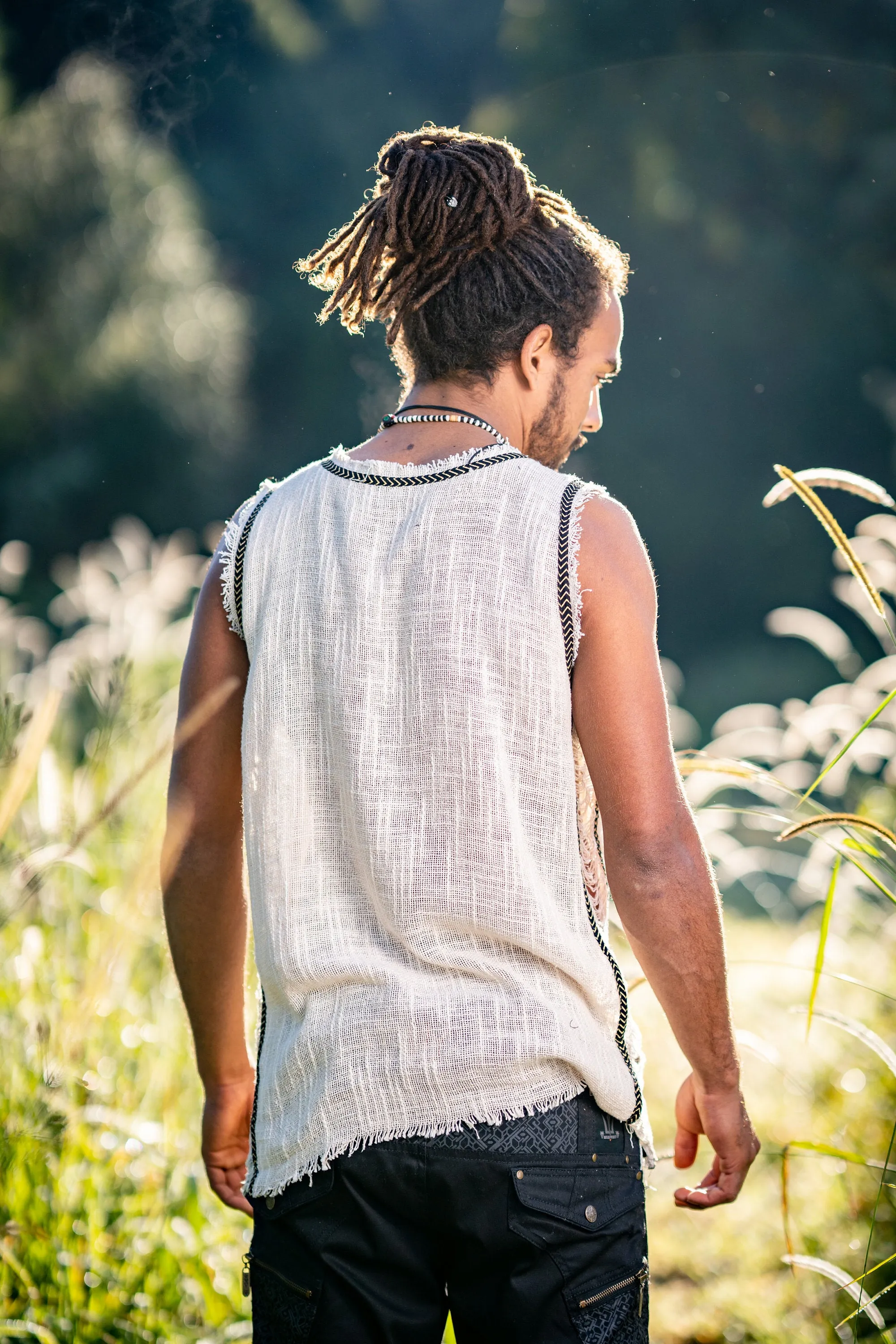 Mens Sleeveless Tank Top DHATU Cotton Shirt Slashed Open Sides Beige Semi See Through Breathable Tribal Gypsy Alternative Festival AJJAYA