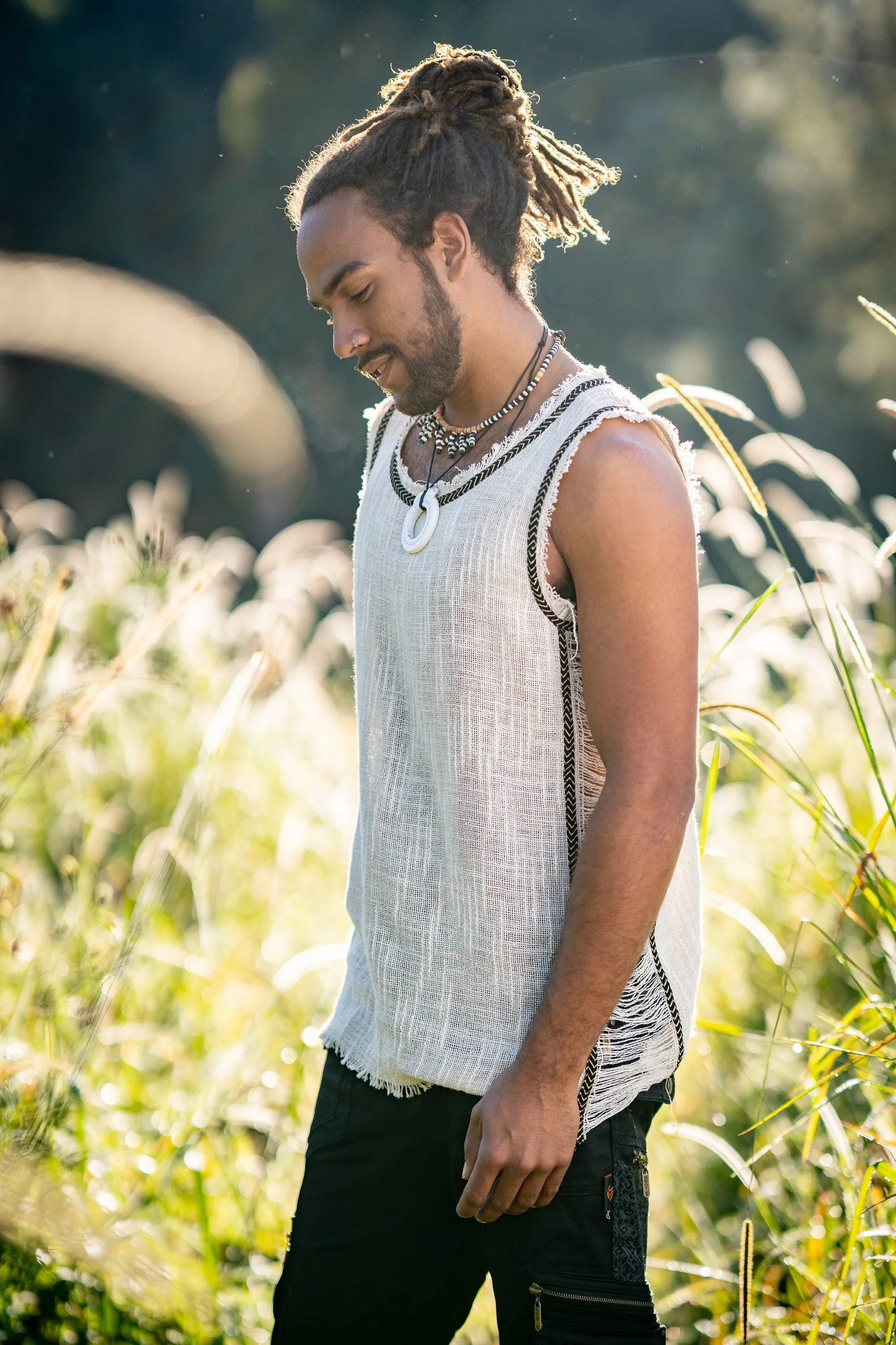 Mens Sleeveless Tank Top DHATU Cotton Shirt Slashed Open Sides Beige Semi See Through Breathable Tribal Gypsy Alternative Festival AJJAYA