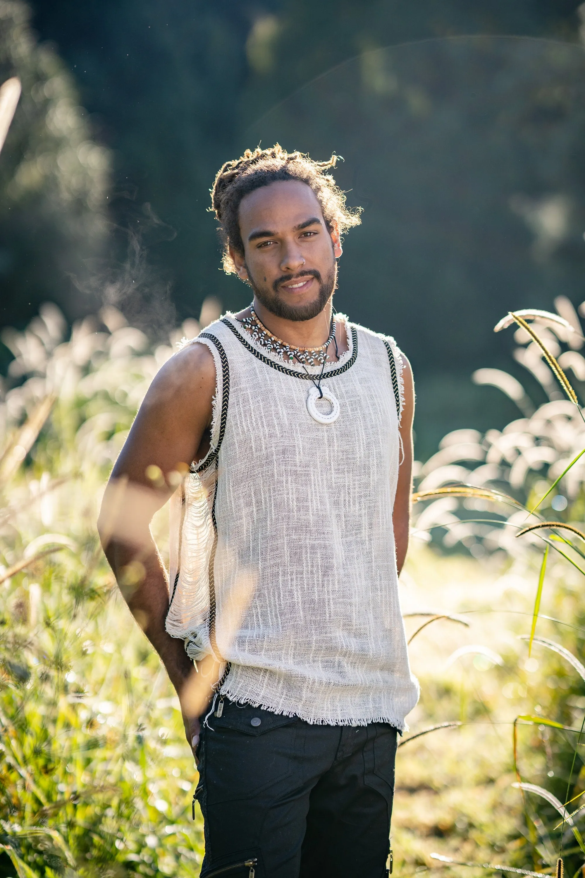 Mens Sleeveless Tank Top DHATU Cotton Shirt Slashed Open Sides Beige Semi See Through Breathable Tribal Gypsy Alternative Festival AJJAYA