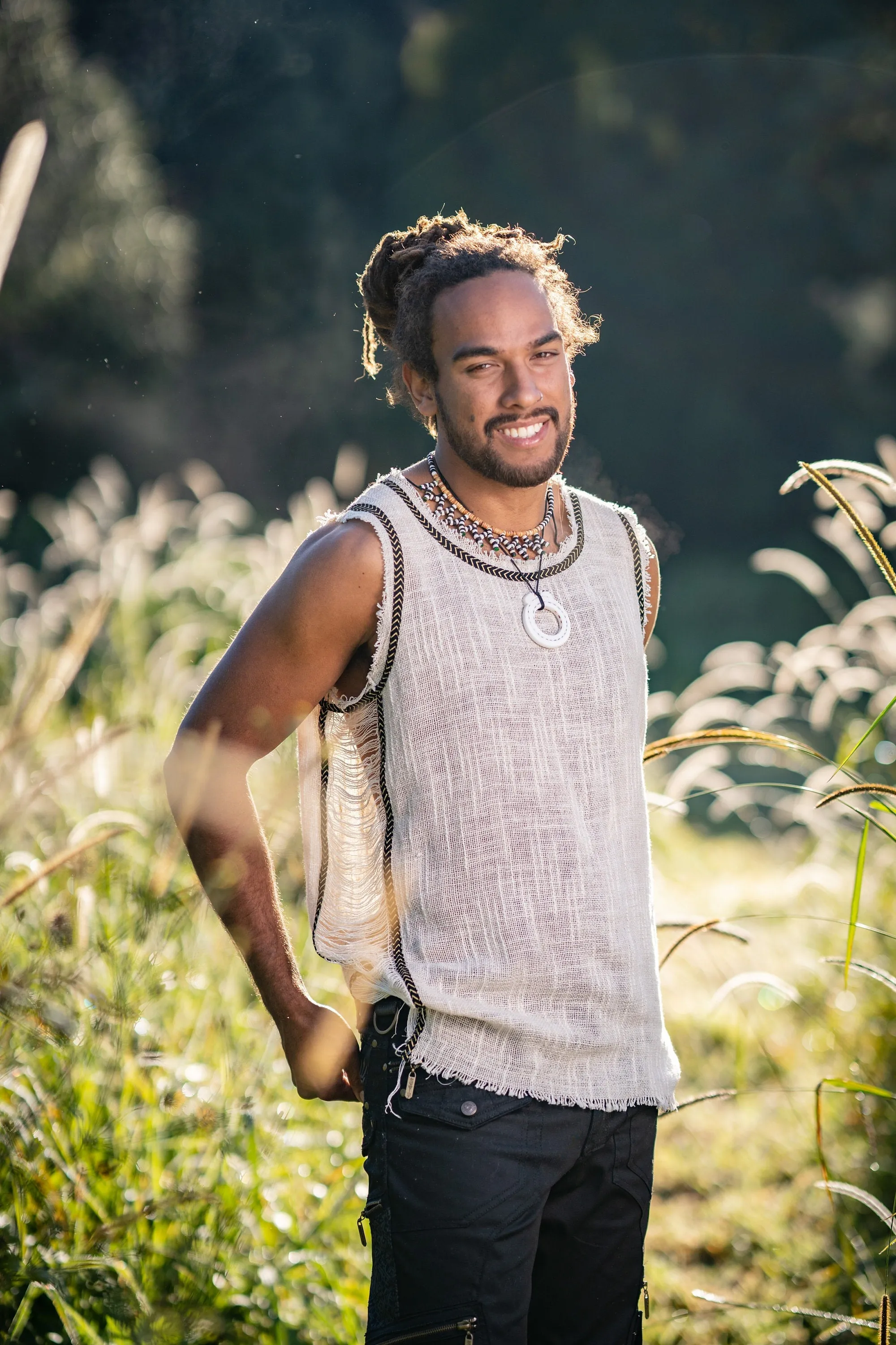 Mens Sleeveless Tank Top DHATU Cotton Shirt Slashed Open Sides Beige Semi See Through Breathable Tribal Gypsy Alternative Festival AJJAYA