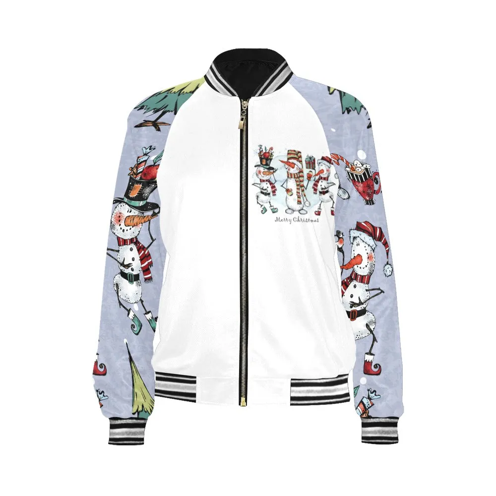 Merry Christmas Whimsical Snowmen Bomber Jacket for Women