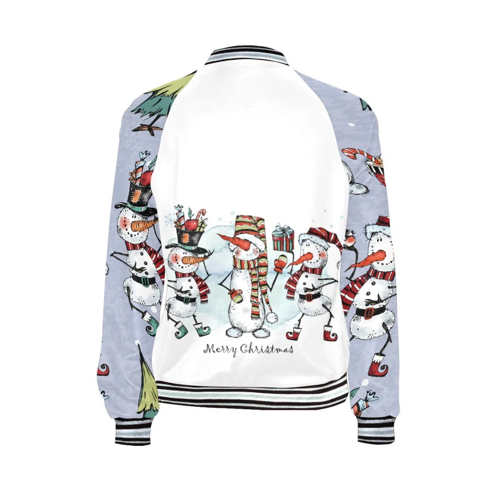 Merry Christmas Whimsical Snowmen Bomber Jacket for Women