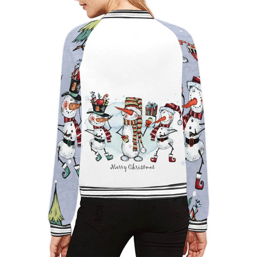 Merry Christmas Whimsical Snowmen Bomber Jacket for Women