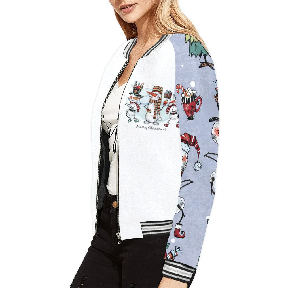 Merry Christmas Whimsical Snowmen Bomber Jacket for Women