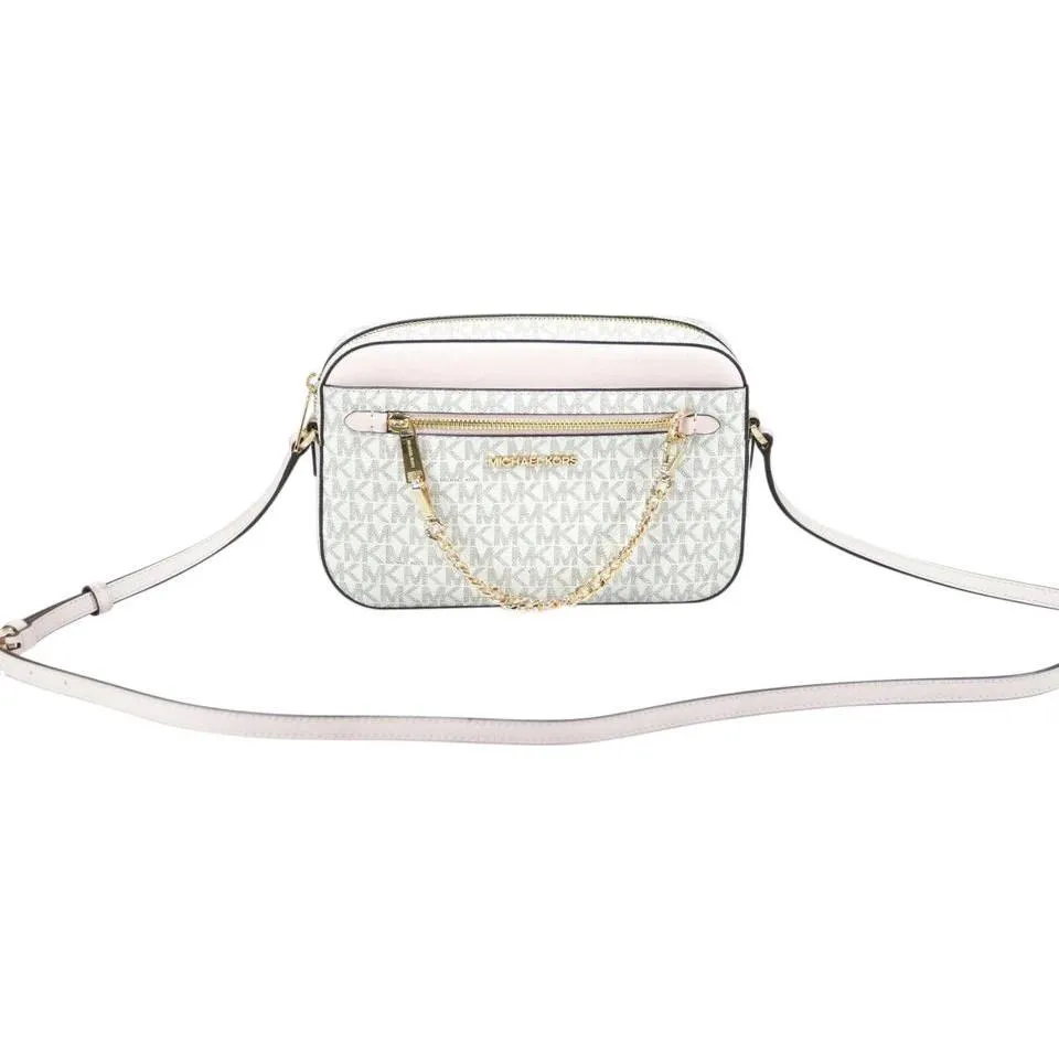 Michael Kors Jet Set Item Large East West Signature Leather Zip Chain Crossbody Handbag (Vanilla PVC/Powder Blush)