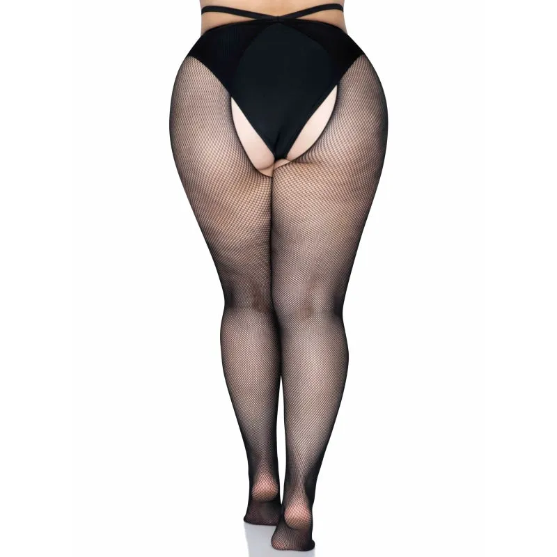 Micro Net Strappy Crotchless Tights - 1x/2x - 1x/2x - Black