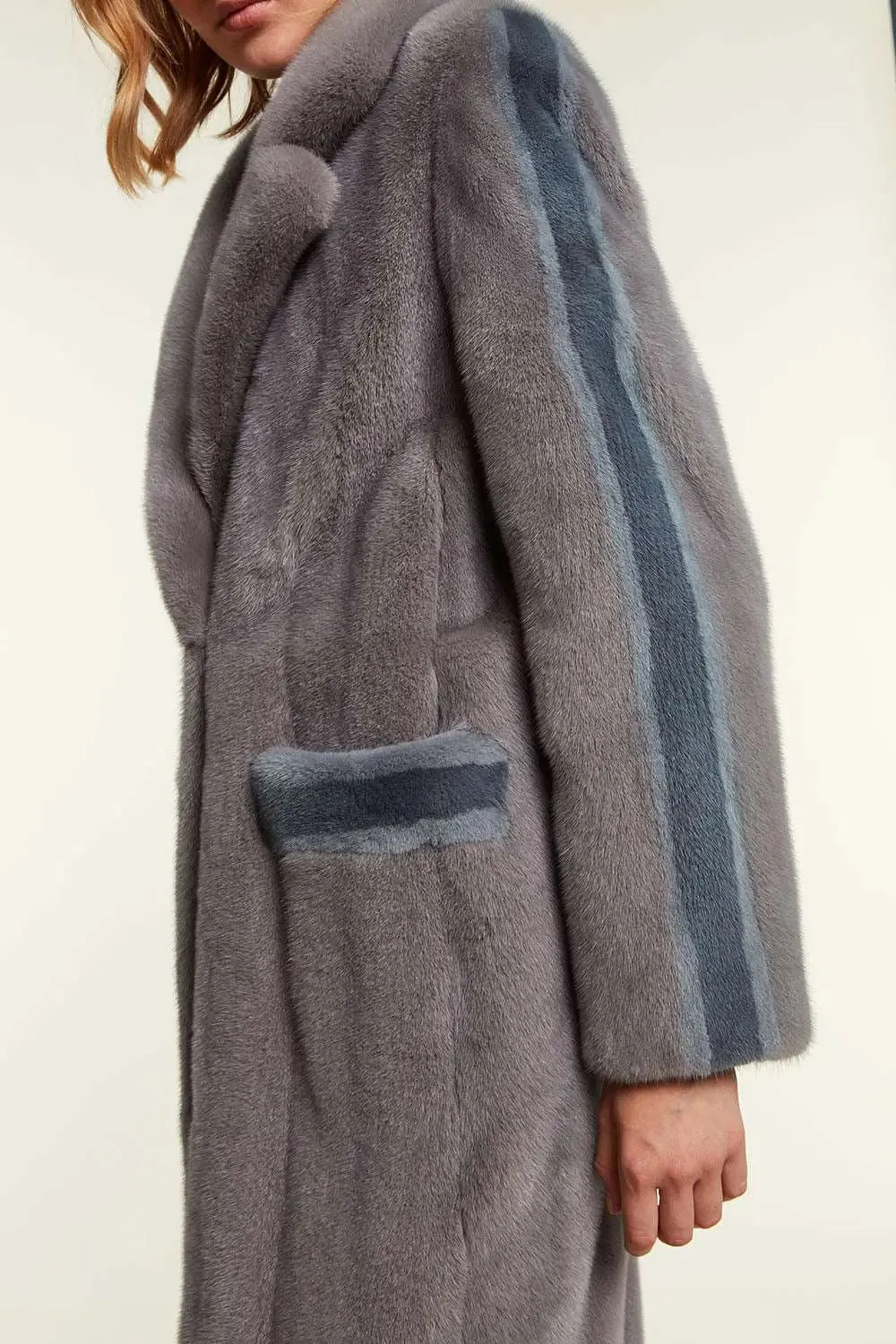 Mink coat with light blue inserts