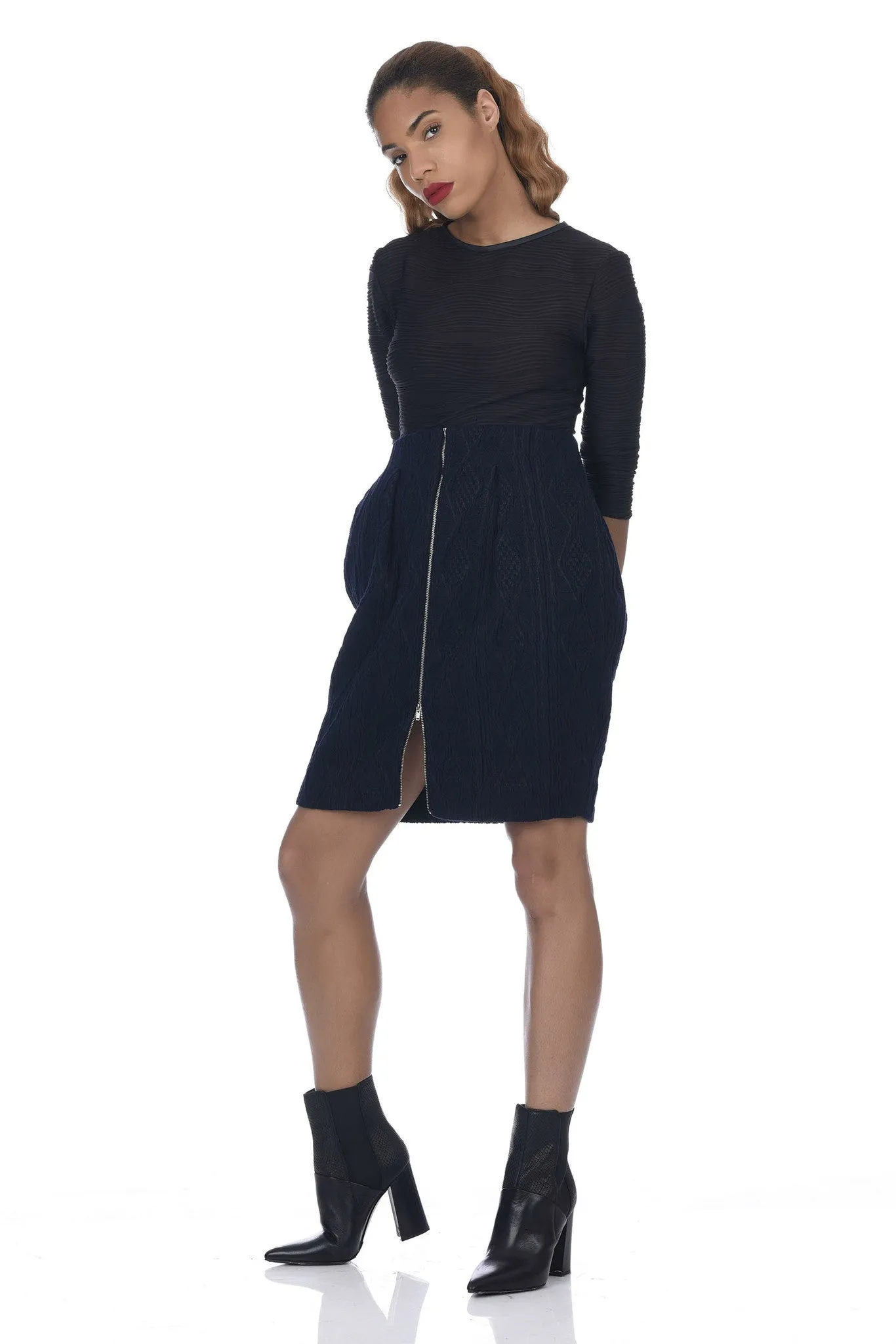 Navy 2-Way Zipper Front Cable Knit Skirt