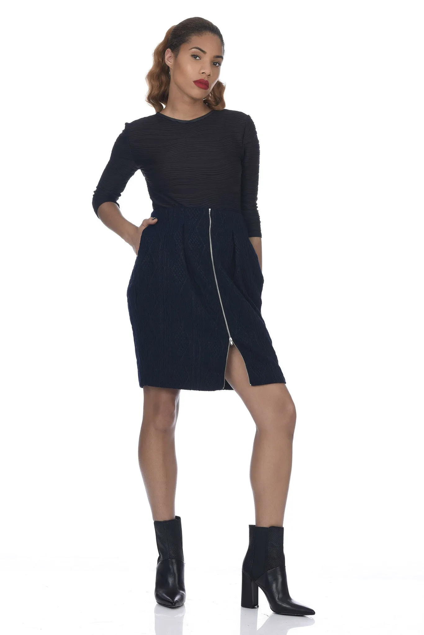 Navy 2-Way Zipper Front Cable Knit Skirt