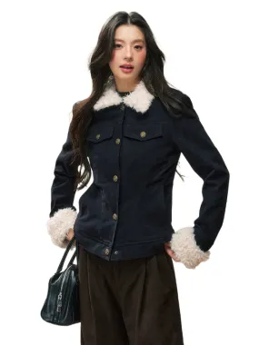 Navy Blue Fur-Collar Short Jacket