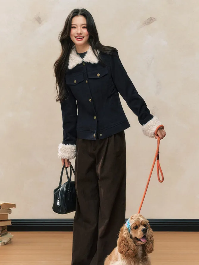 Navy Blue Fur-Collar Short Jacket