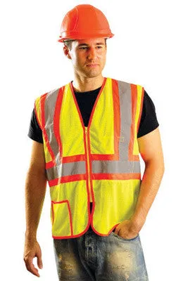 OccuNomix Large Hi-Viz Yellow Classic Light Weight Polyester Mesh Class 2 Two-Tone Vest With Front Zipper Closure And 2" Silver Reflective Tape Backed by Contrasting Trim And 2 Pockets