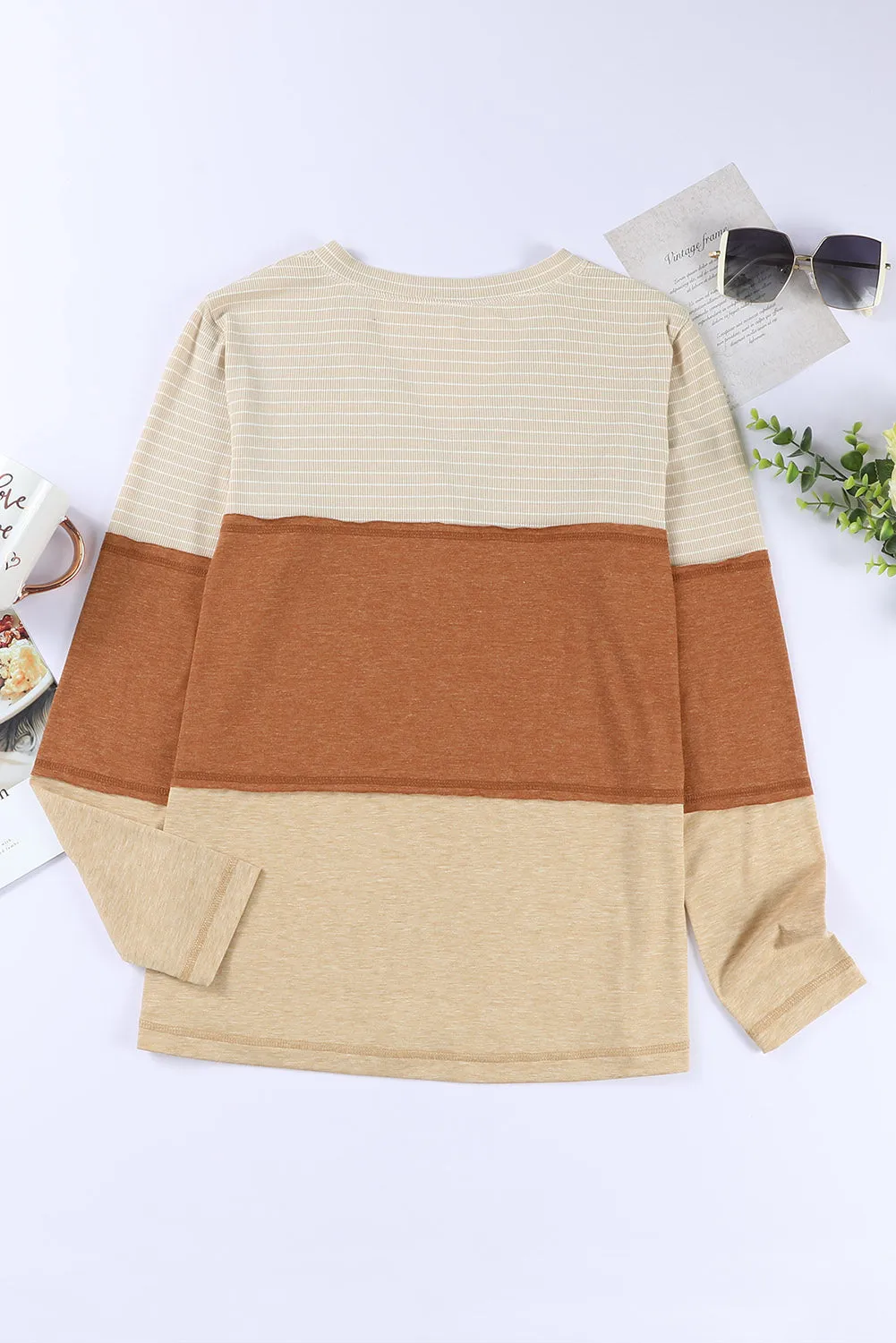 Orange Striped Color Block Casual V Neck Henley Top