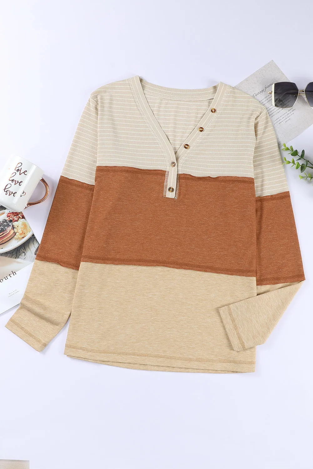 Orange Striped Color Block Casual V Neck Henley Top