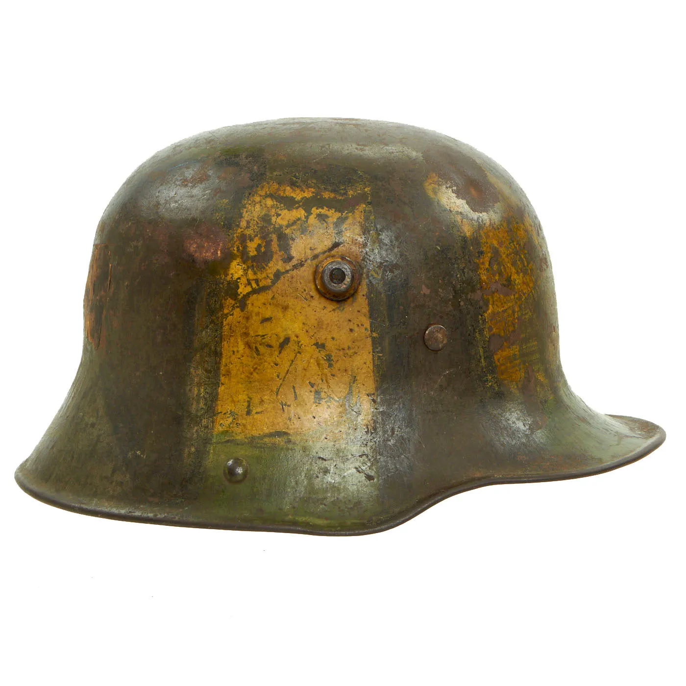 Original German WWI M16 Stahlhelm Helmet with Panel Camouflage Paint & Battle Damage - Marked BF64