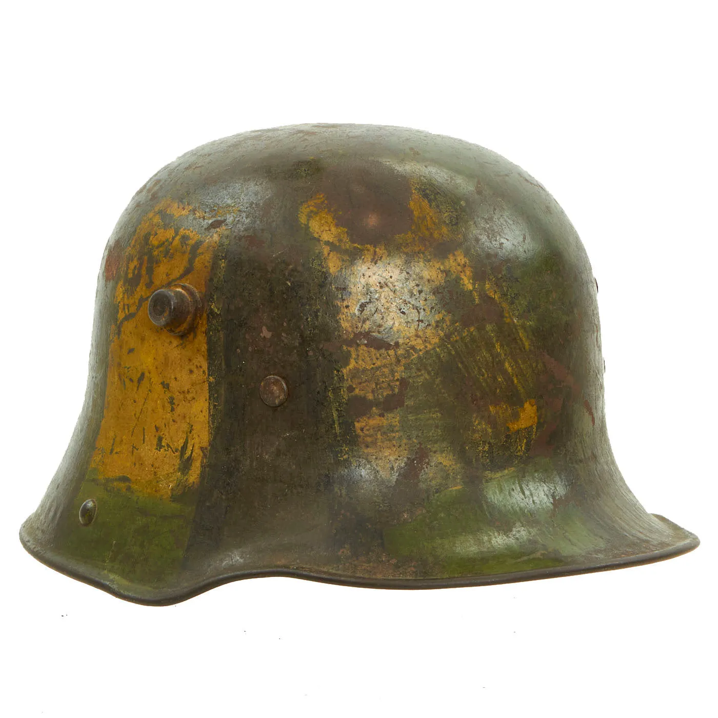 Original German WWI M16 Stahlhelm Helmet with Panel Camouflage Paint & Battle Damage - Marked BF64