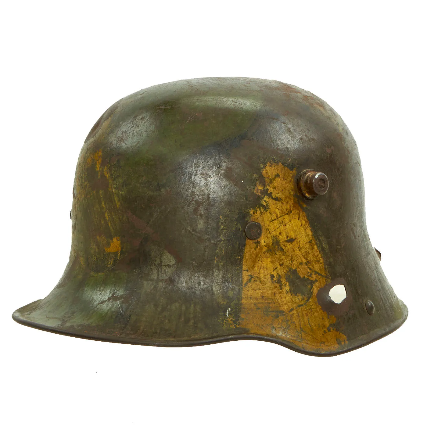 Original German WWI M16 Stahlhelm Helmet with Panel Camouflage Paint & Battle Damage - Marked BF64