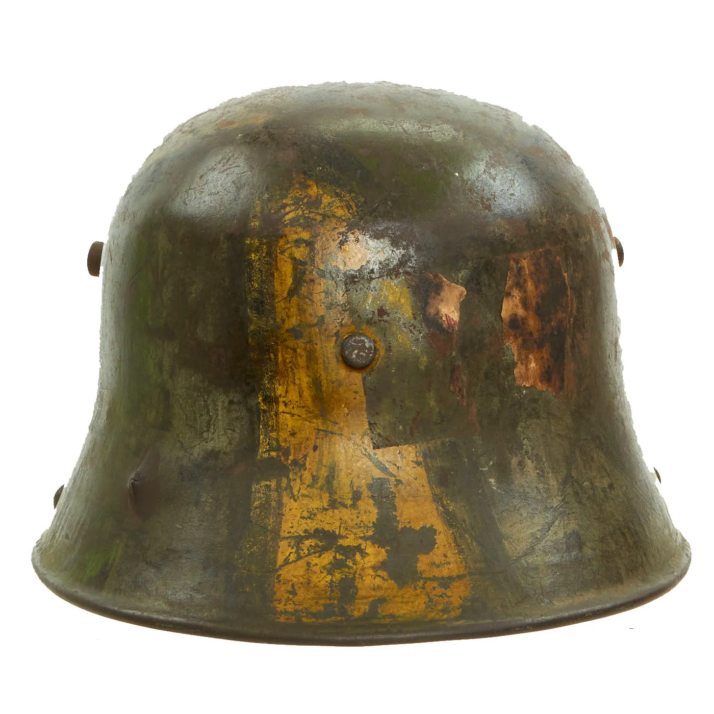 Original German WWI M16 Stahlhelm Helmet with Panel Camouflage Paint & Battle Damage - Marked BF64