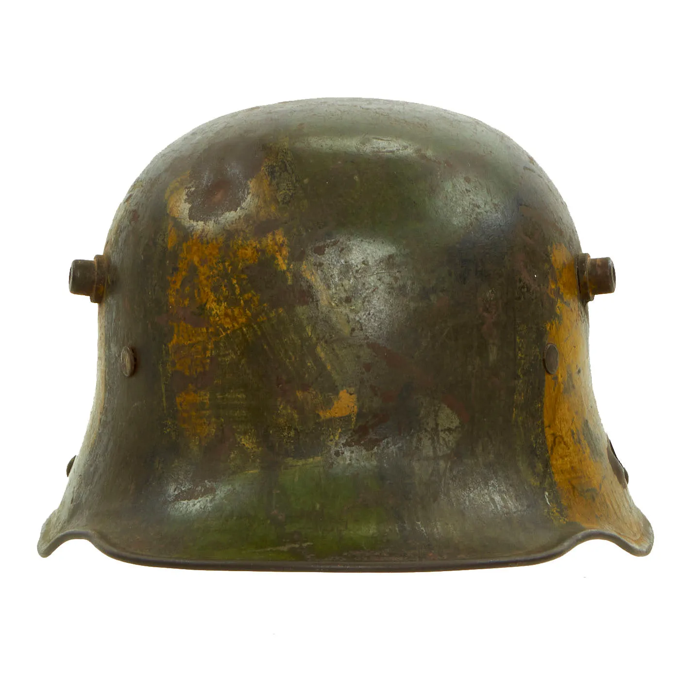 Original German WWI M16 Stahlhelm Helmet with Panel Camouflage Paint & Battle Damage - Marked BF64