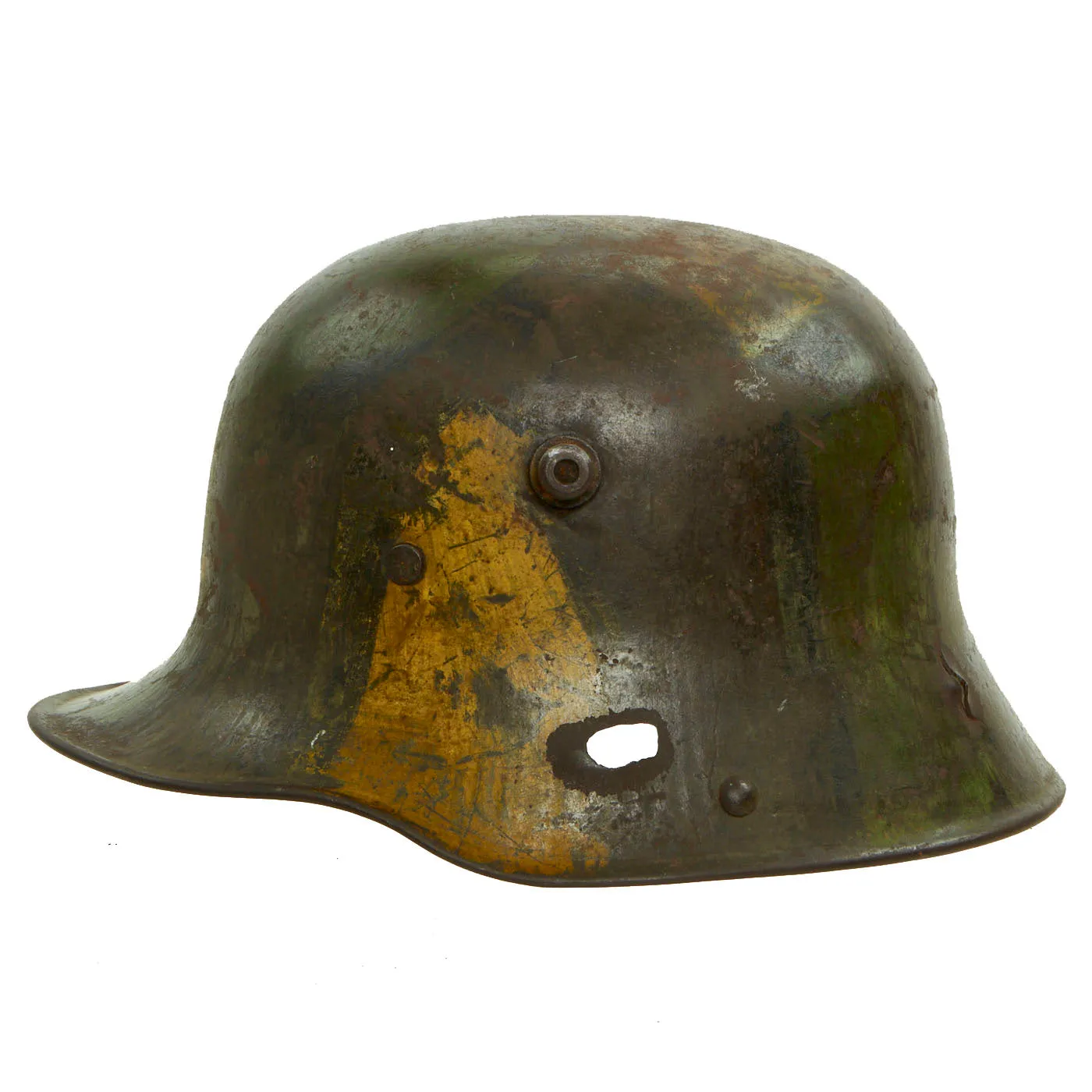 Original German WWI M16 Stahlhelm Helmet with Panel Camouflage Paint & Battle Damage - Marked BF64