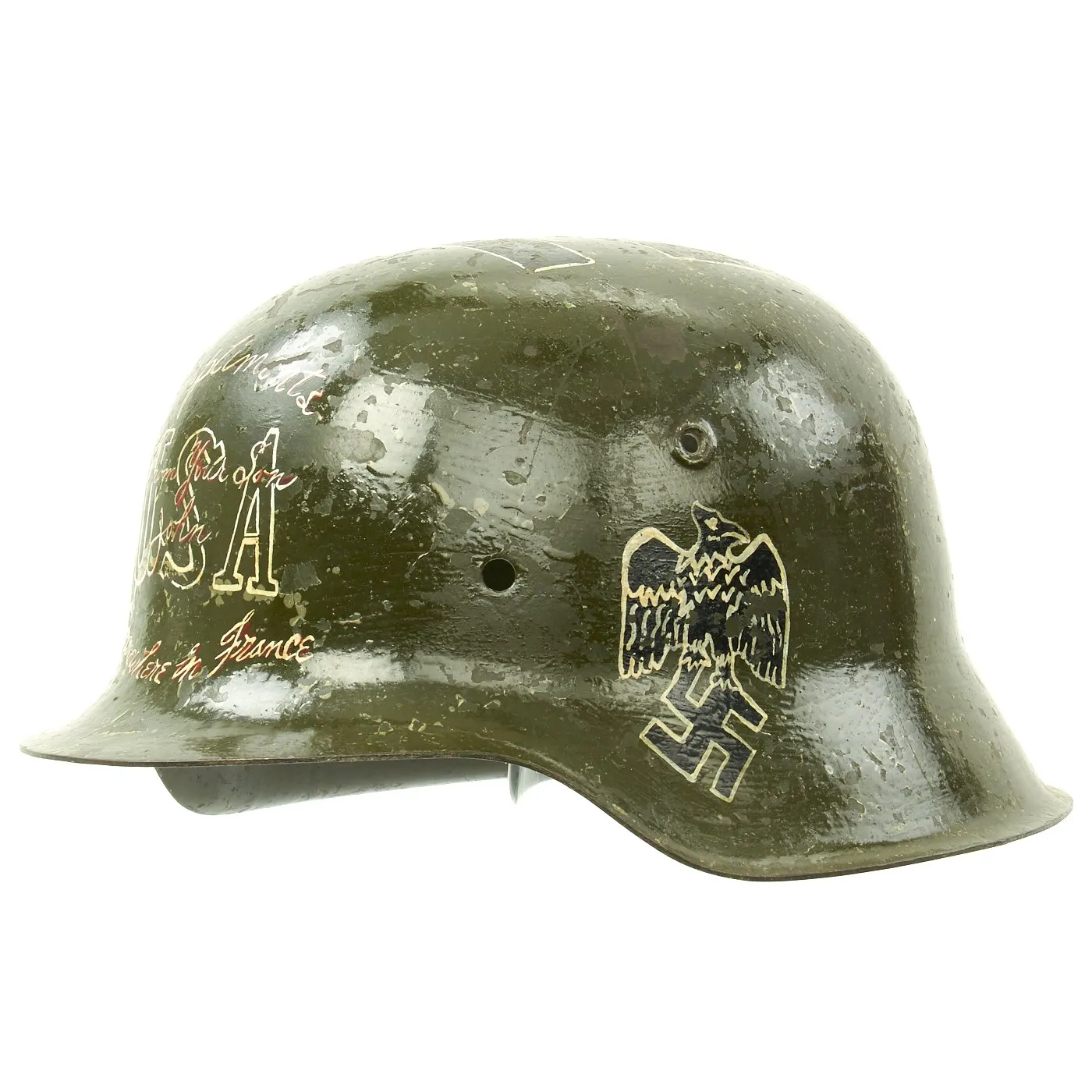 Original German WWII USGI Bring Back Trench Art Trophy M42 Helmet dated August 23 1944