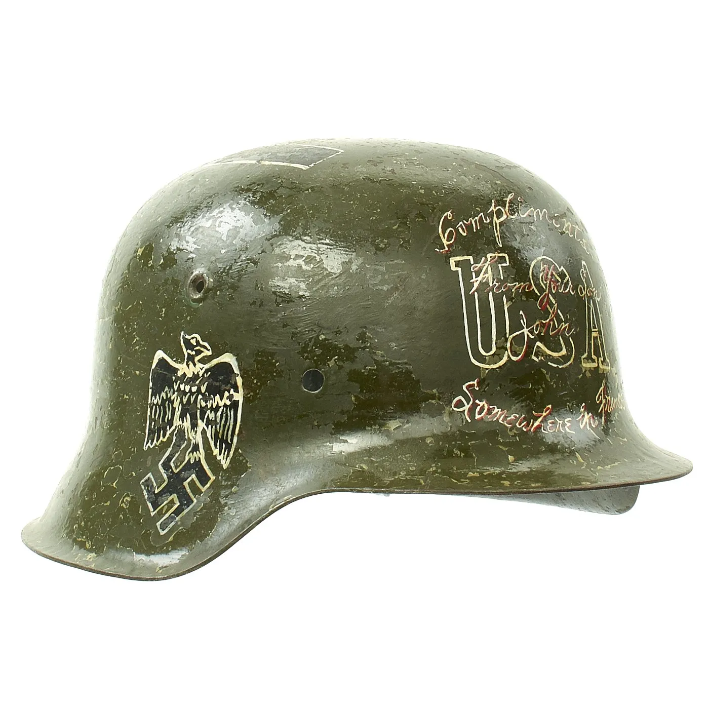 Original German WWII USGI Bring Back Trench Art Trophy M42 Helmet dated August 23 1944