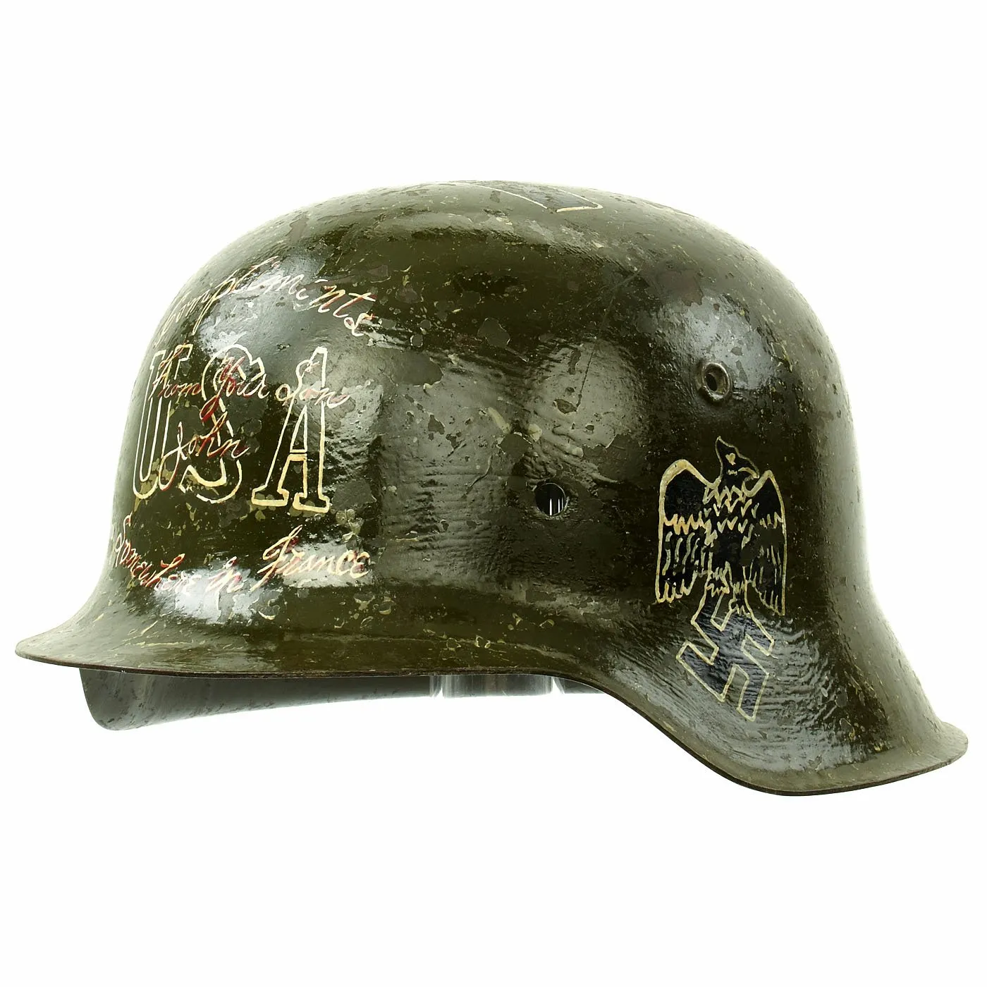 Original German WWII USGI Bring Back Trench Art Trophy M42 Helmet dated August 23 1944