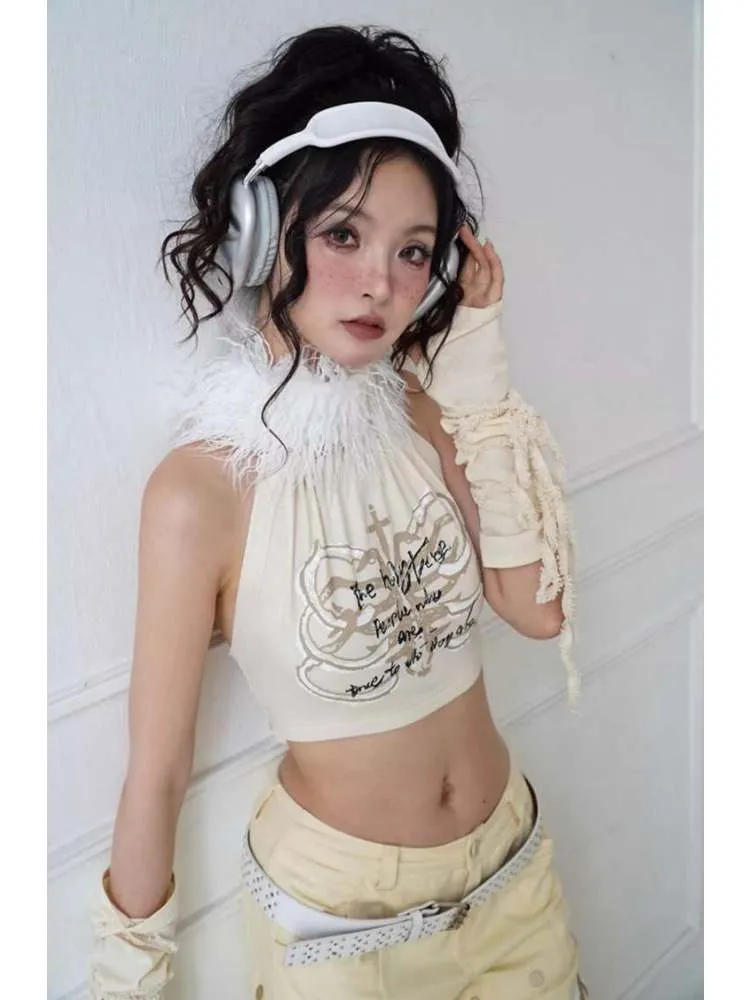 Original Printed Open Back Removable Fur Collar Tube Top Vest【s0000008142】