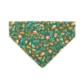 Pet Bandana - "Forest Fantasy" - Woodland Botanical Green Bandana w/ Mushrooms for Cat   Small Dog / Slide-on Bandana / Over-the-Collar (One Size)