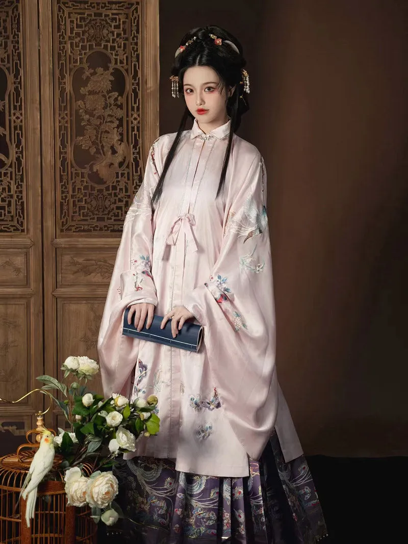 Pink Flowers and Birds Traditional Ancient Chinese Embroidered Hanfu Clothing Mamianqun Hanfu Skirt