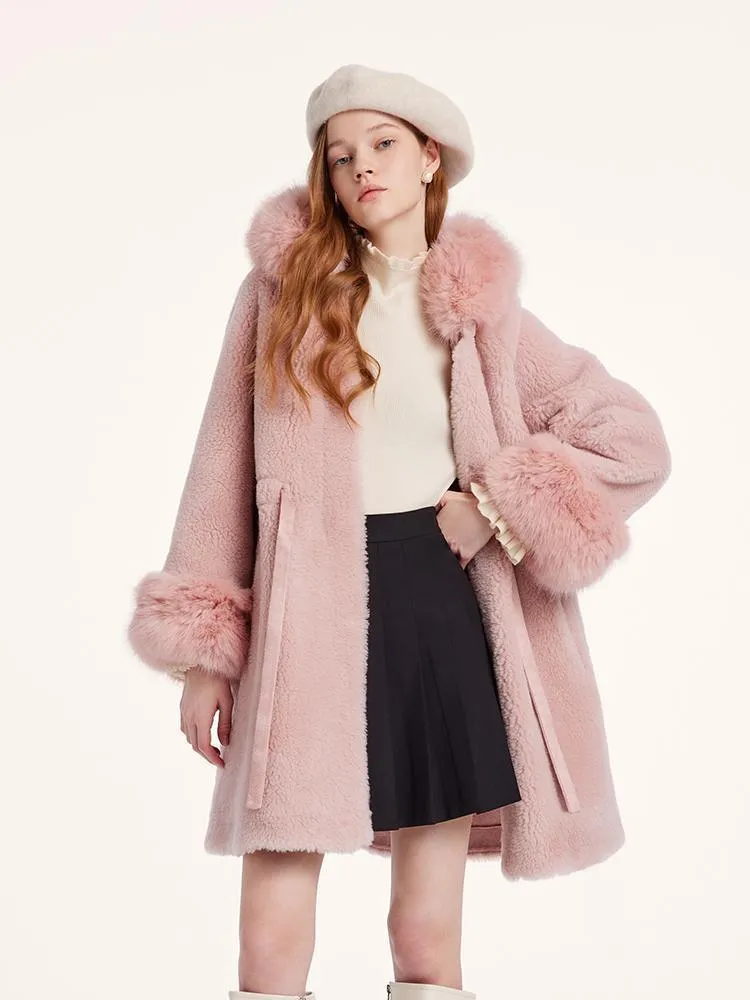 Pink Mid-Length Ruched Velour Coat With Adjustable Ties