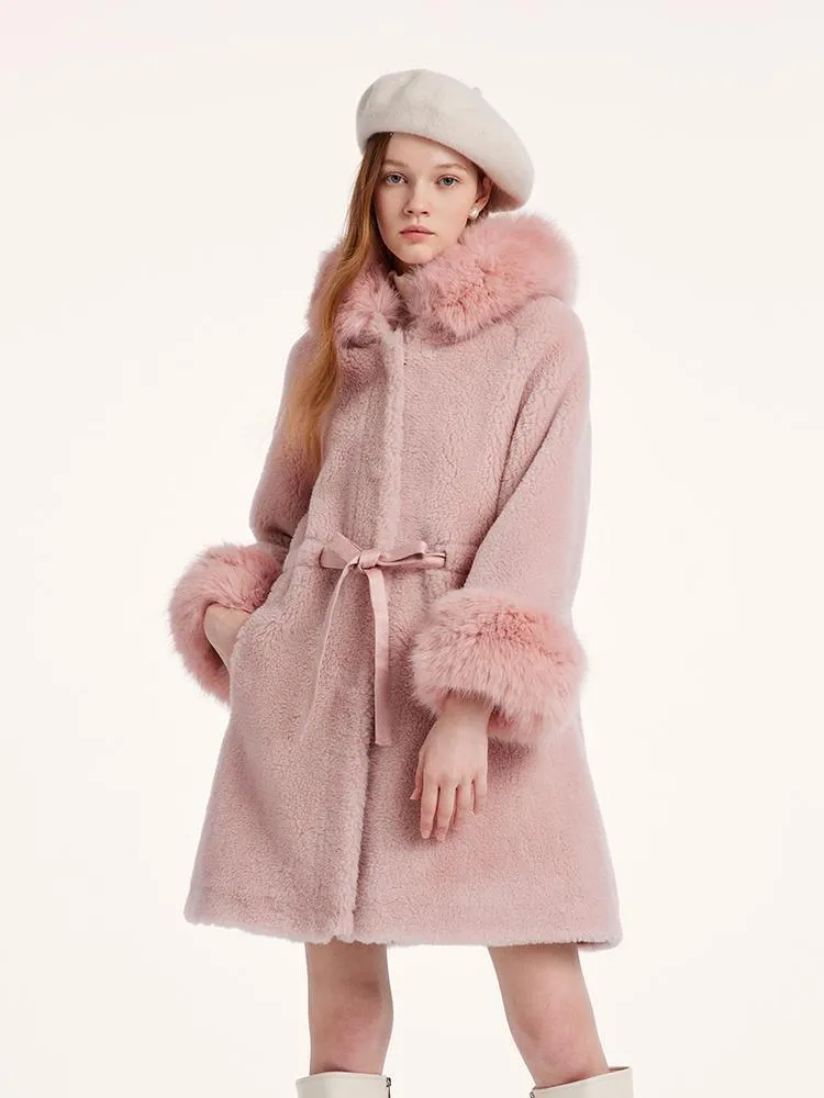 Pink Mid-Length Ruched Velour Coat With Adjustable Ties