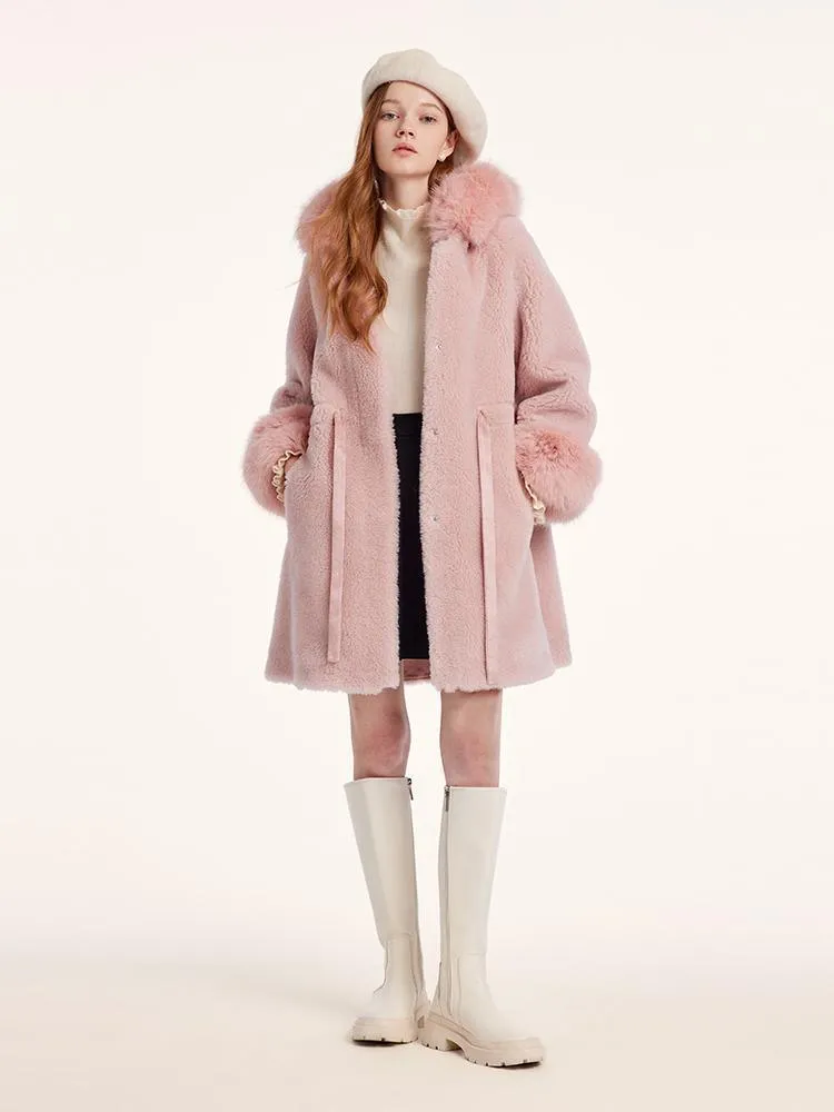 Pink Mid-Length Ruched Velour Coat With Adjustable Ties