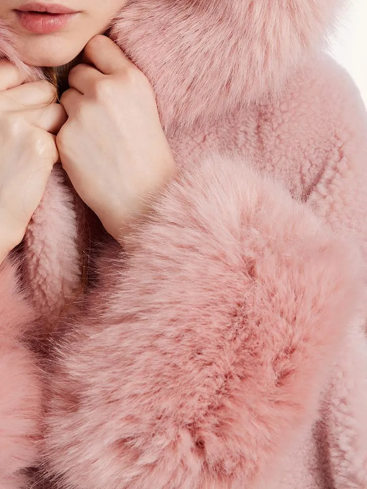 Pink Mid-Length Ruched Velour Coat With Adjustable Ties