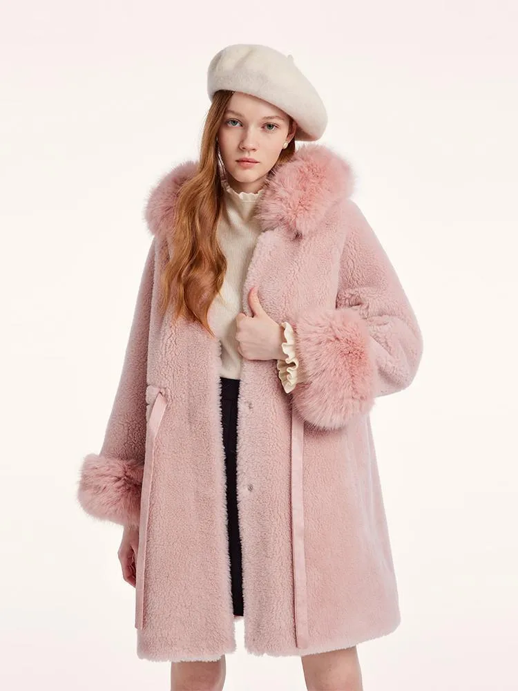 Pink Mid-Length Ruched Velour Coat With Adjustable Ties