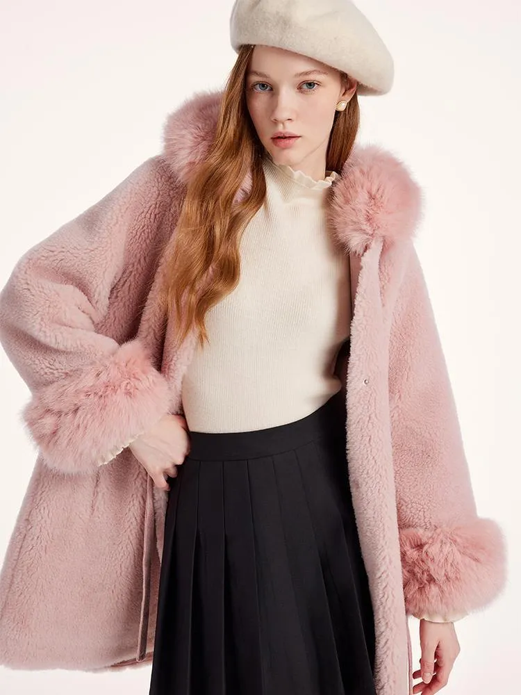 Pink Mid-Length Ruched Velour Coat With Adjustable Ties