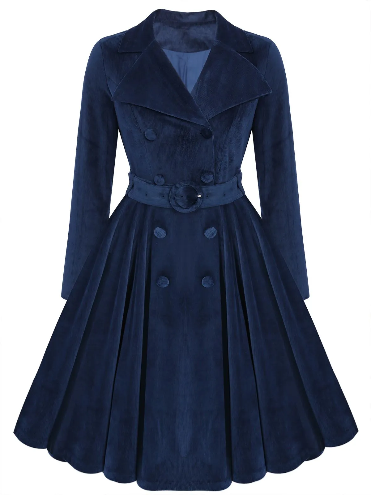 [Plus Size] Navy Blue 1950s Velvet Long Coat