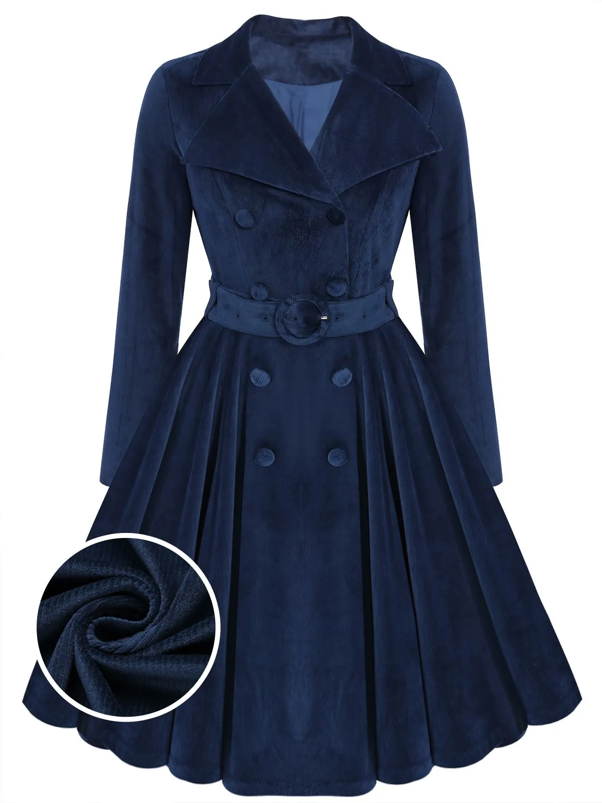 [Plus Size] Navy Blue 1950s Velvet Long Coat