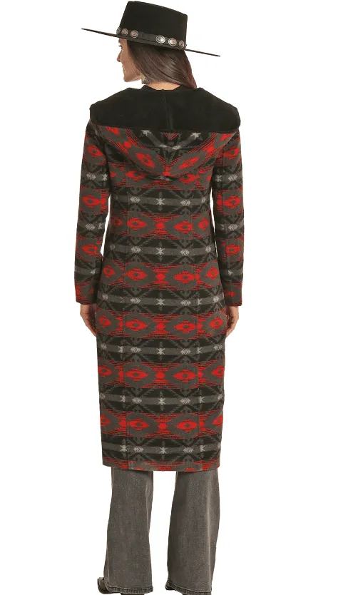 Powder River Ladies Black & Red Aztec Wool Long Coat PRWO92R0FX