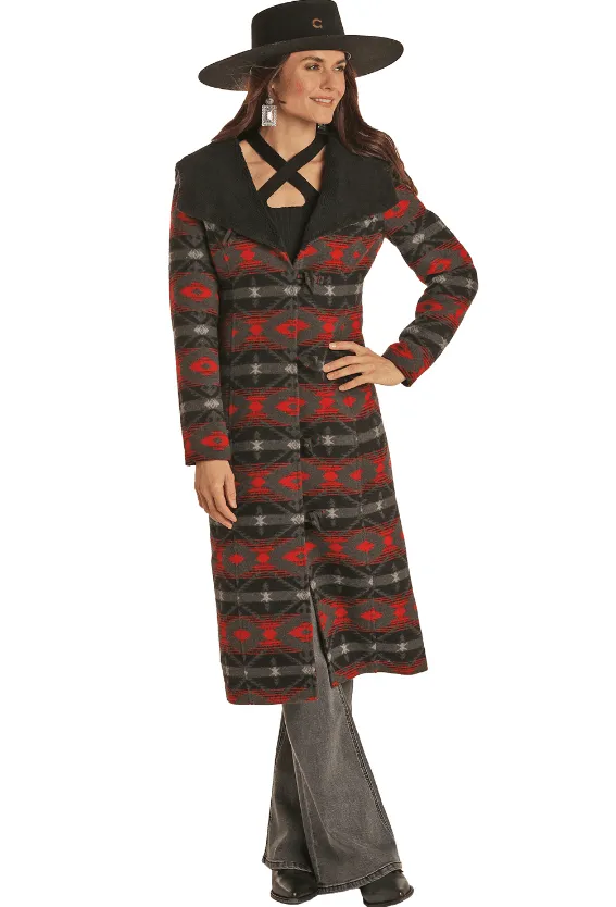 Powder River Ladies Black & Red Aztec Wool Long Coat PRWO92R0FX